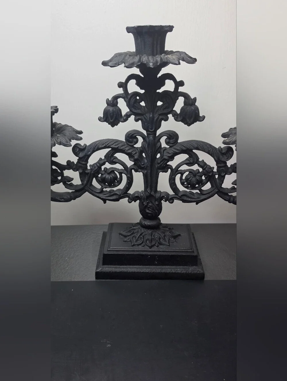 Ornate Black Metal 3-Arm Candelabra Candle Holder